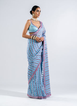 Vvani By Vani Vats-Ice Blue Mirror Pre-Draped Sari With Blouse-INDIASPOPUP.COM