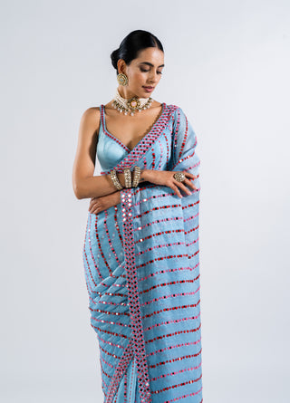 Vvani By Vani Vats-Ice Blue Mirror Pre-Draped Sari With Blouse-INDIASPOPUP.COM