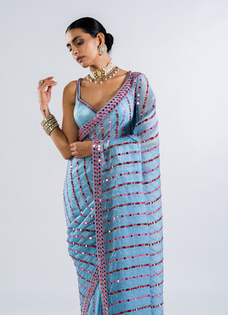 Vvani By Vani Vats-Ice Blue Mirror Pre-Draped Sari With Blouse-INDIASPOPUP.COM