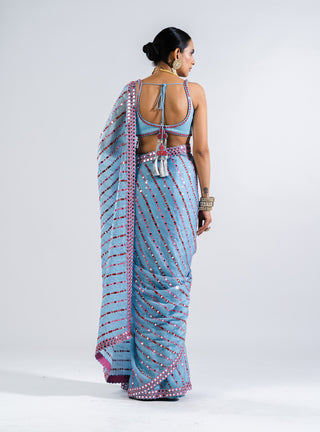 Vvani By Vani Vats-Ice Blue Mirror Pre-Draped Sari With Blouse-INDIASPOPUP.COM