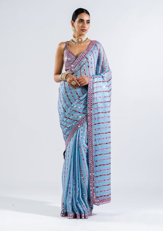 Vvani By Vani Vats-Ice Blue Pre-Draped Sari With Sequin Blouse-INDIASPOPUP.COM