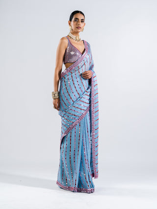 Vvani By Vani Vats-Ice Blue Pre-Draped Sari With Sequin Blouse-INDIASPOPUP.COM