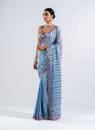 Vvani By Vani Vats-Ice Blue Pre-Draped Sari With Sequin Blouse-INDIASPOPUP.COM