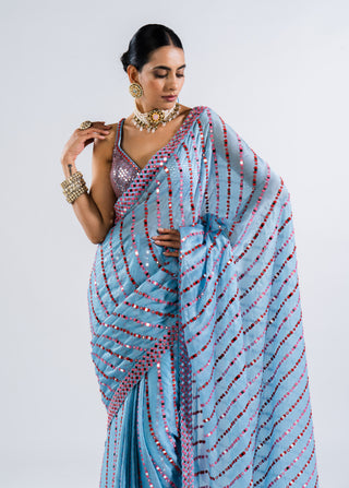 Vvani By Vani Vats-Ice Blue Pre-Draped Sari With Sequin Blouse-INDIASPOPUP.COM