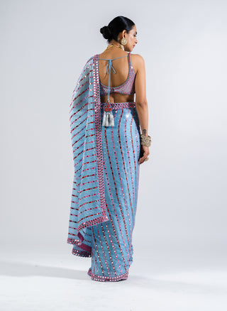 Vvani By Vani Vats-Ice Blue Pre-Draped Sari With Sequin Blouse-INDIASPOPUP.COM