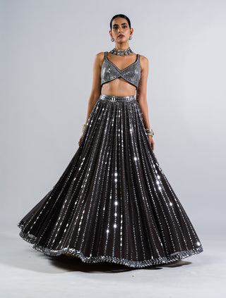 Vvani By Vani Vats-Charcoal Grey Mirror Linear Drop Lehenga Set-INDIASPOPUP.COM