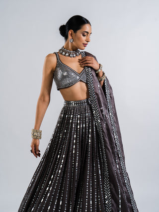 Vvani By Vani Vats-Charcoal Grey Mirror Linear Drop Lehenga Set-INDIASPOPUP.COM