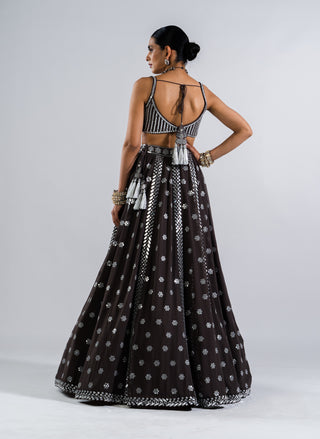 Vvani By Vani Vats-Charcoal Grey Flower Lehenga Set-INDIASPOPUP.COM