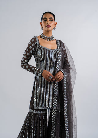 Vvani By Vani Vats-Charcoal Grey Embellished Sharara Set-INDIASPOPUP.COM