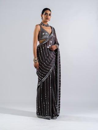 Vvani By Vani Vats-Charcoal Grey Pre-Draped Sari With Metallic Blouse-INDIASPOPUP.COM