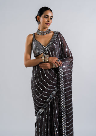 Vvani By Vani Vats-Charcoal Grey Pre-Draped Sari With Metallic Blouse-INDIASPOPUP.COM