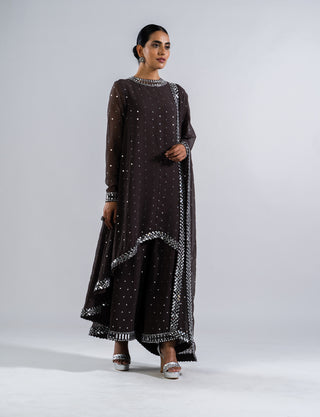 Vvani By Vani Vats-Charcoal Grey Asymmetrical Kurta Set-INDIASPOPUP.COM