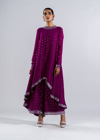 Vvani By Vani Vats-Pop Wine Asymmetrical Kurta Set-INDIASPOPUP.COM