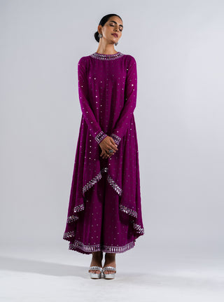 Vvani By Vani Vats-Pop Wine Asymmetrical Kurta Set-INDIASPOPUP.COM