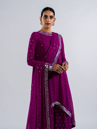 Vvani By Vani Vats-Pop Wine Asymmetrical Kurta Set-INDIASPOPUP.COM