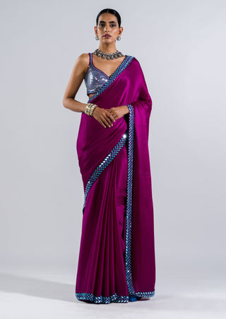 Vvani By Vani Vats-Pop Wine Sari With Metallic Blouse-INDIASPOPUP.COM