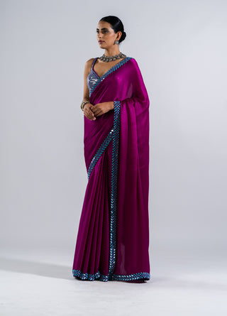 Vvani By Vani Vats-Pop Wine Sari With Metallic Blouse-INDIASPOPUP.COM