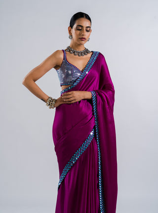 Vvani By Vani Vats-Pop Wine Sari With Metallic Blouse-INDIASPOPUP.COM