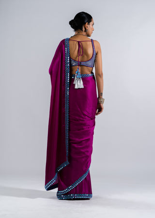 Vvani By Vani Vats-Pop Wine Sari With Metallic Blouse-INDIASPOPUP.COM