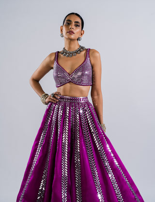 Vvani By Vani Vats-Pop Wine Mirror Lehenga Set-INDIASPOPUP.COM