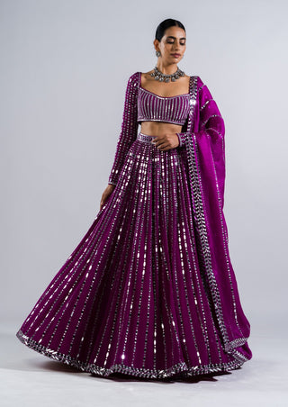 Vvani By Vani Vats-Pop Wine Linear Drop Lehenga Set-INDIASPOPUP.COM