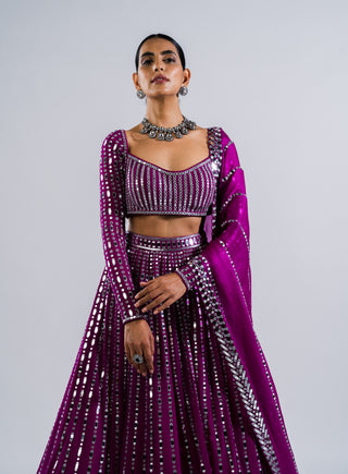 Vvani By Vani Vats-Pop Wine Linear Drop Lehenga Set-INDIASPOPUP.COM