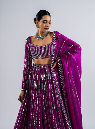 Vvani By Vani Vats-Pop Wine Linear Drop Lehenga Set-INDIASPOPUP.COM