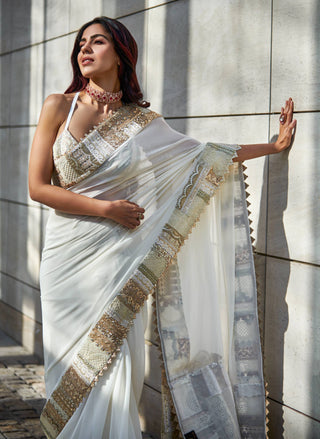 Varun Bahl-Ivory Gold Embroidered Sari Set-INDIASPOPUP.COM