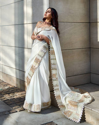 Varun Bahl-Ivory Gold Embroidered Sari Set-INDIASPOPUP.COM