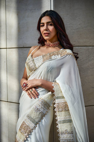 Varun Bahl-Ivory Gold Embroidered Sari Set-INDIASPOPUP.COM