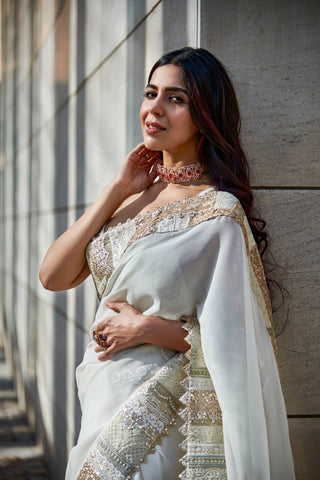 Varun Bahl-Ivory Gold Embroidered Sari Set-INDIASPOPUP.COM