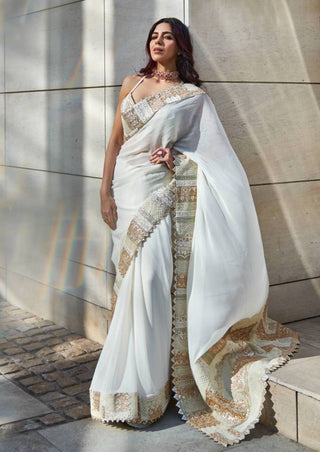 Varun Bahl-Ivory Gold Embroidered Sari Set-INDIASPOPUP.COM