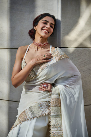 Varun Bahl-Ivory Gold Embroidered Sari Set-INDIASPOPUP.COM