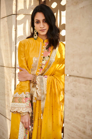 Varun Bahl-Mustard Chanderi Kurta Set-INDIASPOPUP.COM