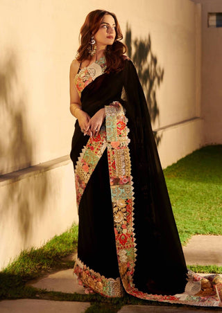 Varun Bahl-Black Georgette Sari With Bralette-INDIASPOPUP.COM