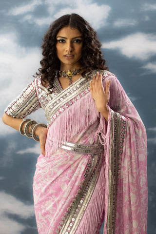 Saksham & Neharicka-Pink Chiffon Embroidered Sari With Unstitched Blouse-INDIASPOPUP.COM