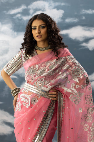 Saksham & Neharicka-Pink Organza Embroidered Sari With Unstitched Blouse-INDIASPOPUP.COM