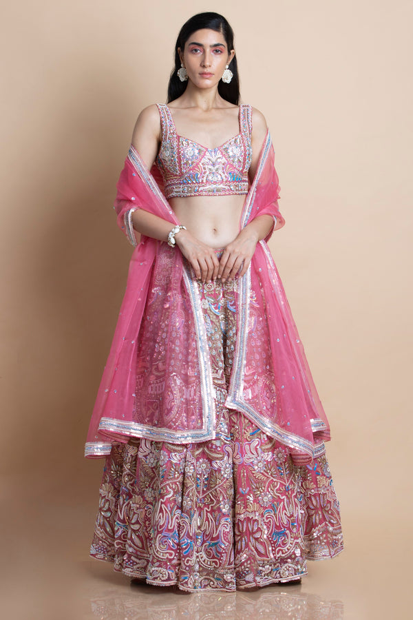 Saksham & Neharicka-Rose Pink Embroidered Lehenga Set-INDIASPOPUP.COM