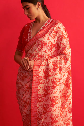 Saksham & Neharicka-Red & White Saree With Blouse-INDIASPOPUP.COM