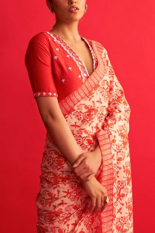 Saksham & Neharicka-Red & White Saree With Blouse-INDIASPOPUP.COM