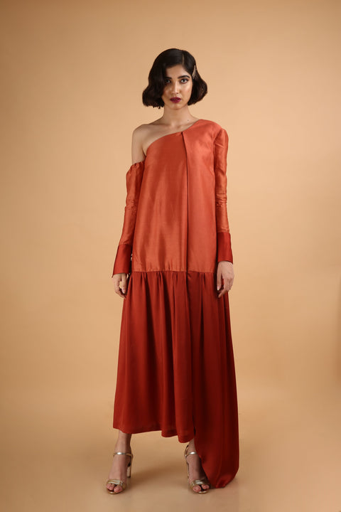 Red Brick Asymmetric Cold Shoulder Dress