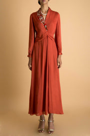 Saksham & Neharicka - Rust Wrap Long Dress - INDIASPOPUP.COM
