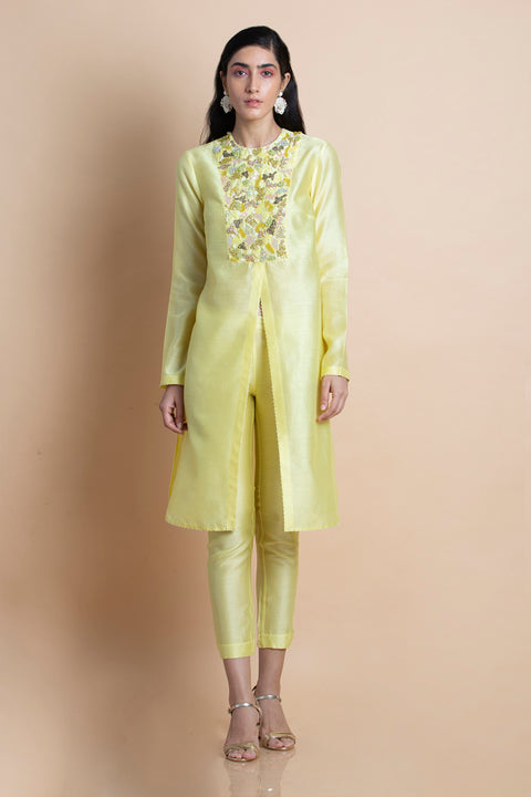 Saksham & Neharicka-Lime Yellow Hand Embroidered Tunic-INDIASPOPUP.COM