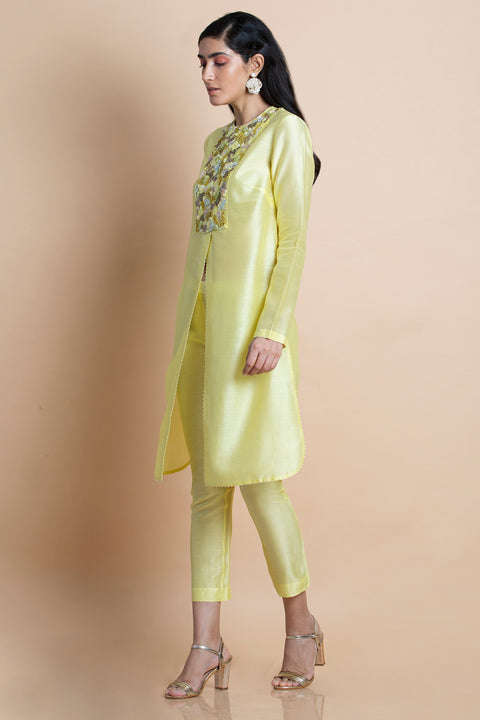 Saksham & Neharicka-Lime Yellow Hand Embroidered Tunic-INDIASPOPUP.COM