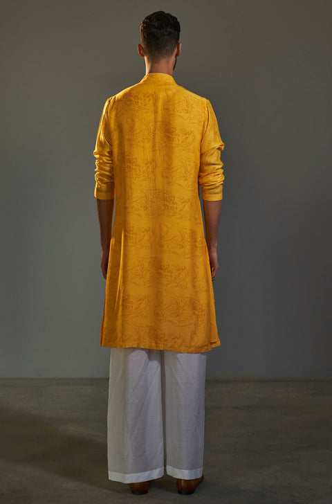 Saksham & Neharicka-Yellow Printed Cotton Silk Kurta-INDIASPOPUP.COM