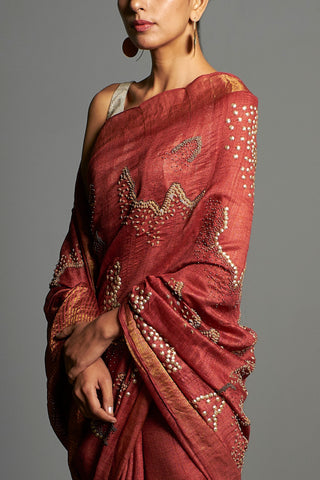 Saksham & Neharicka-Red Embroidered Tusser Silk Saree-INDIASPOPUP.COM