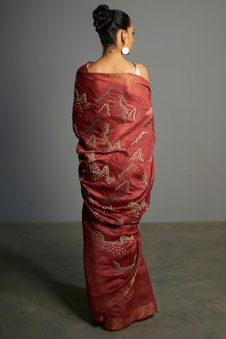 Saksham & Neharicka-Red Embroidered Tusser Silk Saree-INDIASPOPUP.COM