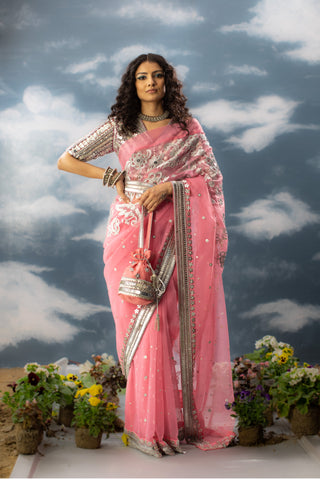 Saksham & Neharicka-Pink Organza Embroidered Sari With Unstitched Blouse-INDIASPOPUP.COM