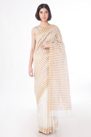 Saksham & Neharicka - Ivory & Gold Handwoven Ivory Silk Saree - INDIASPOPUP.COM
