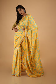 Yellow Cotton Silk Printed Saree